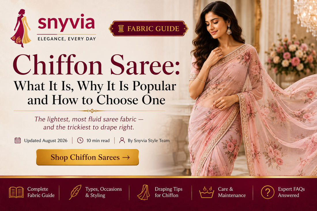 Snyvia chiffon saree guide featuring a woman in a flowing floral chiffon saree