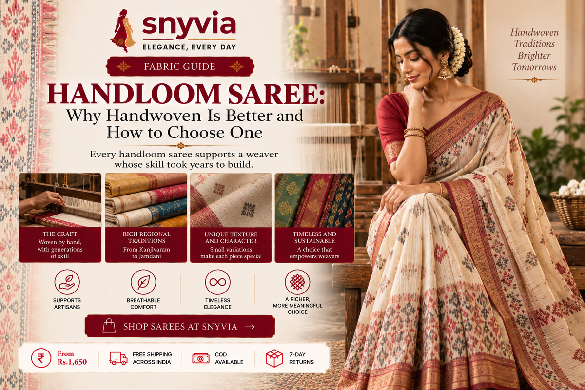 Snyvia handloom saree guide featuring an elegant woman in a traditional handwoven saree beside a wooden loom, highlighting Indian weaving traditions, craftsmanship and regional saree heritage