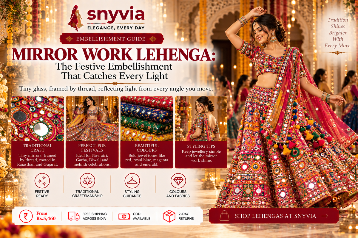 Snyvia mirror work lehenga guide featuring a woman in a vibrant multicolored mirror work lehenga, with close-up mirror embroidery, festive styling, bold jewel-tone colours, and traditional Rajasthani and Gujarati craftsmanship
