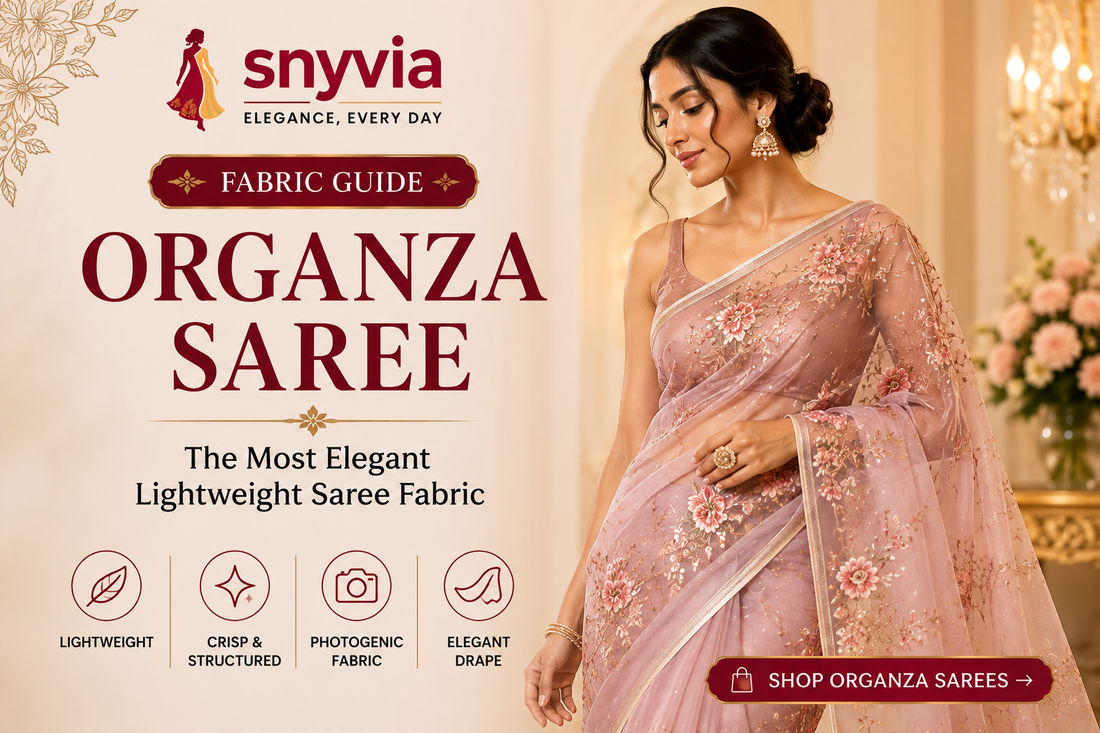 Snyvia organza saree guide featuring a woman in an elegant blush pink embroidered organza saree with the title “Organza Saree The Most Elegant Lightweight Saree Fabric