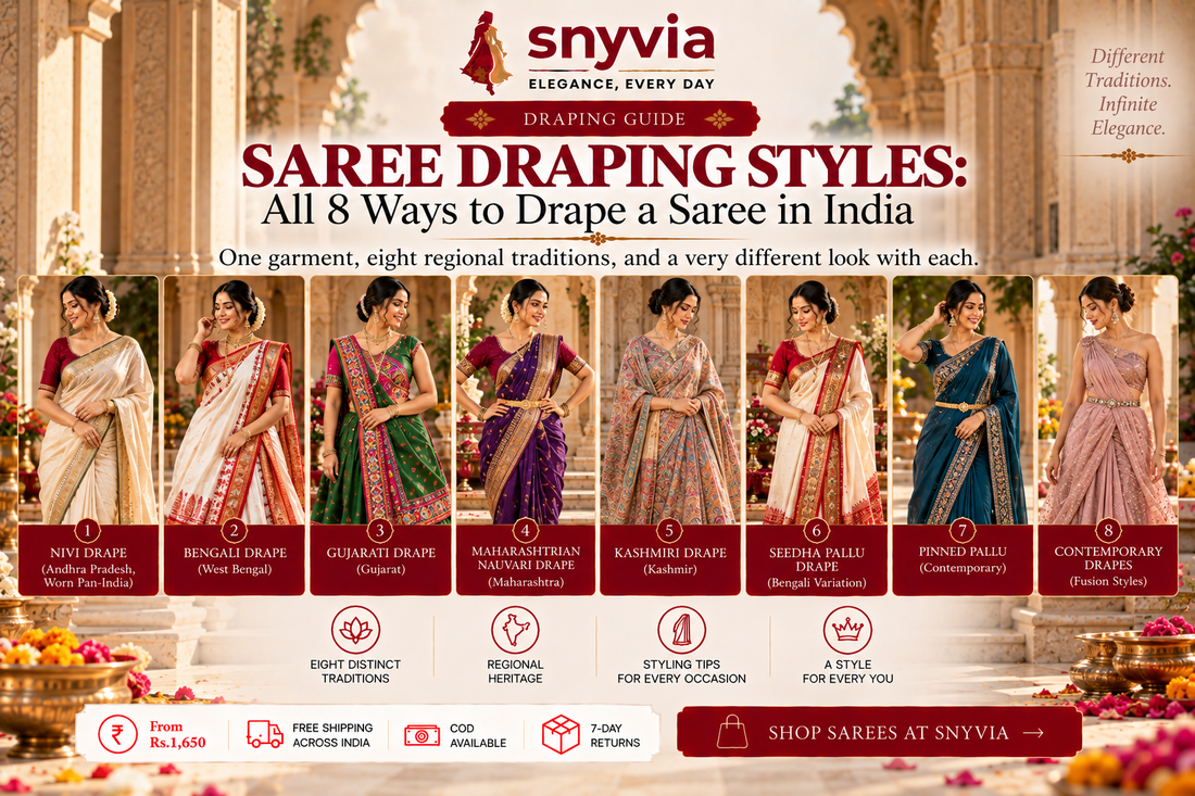Snyvia saree draping guide featuring eight Indian saree draping styles, including Nivi, Bengali, Gujarati, Maharashtrian Nauvari, Kashmiri, Seedha Pallu, Pinned Pallu, and contemporary fusion drapes