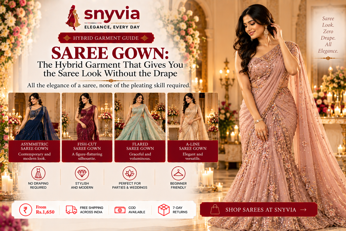 Snyvia saree gown guide featuring a woman in an embellished pink saree gown, with four styles shown asymmetric, fish-cut, flared, and A-line saree gowns.
