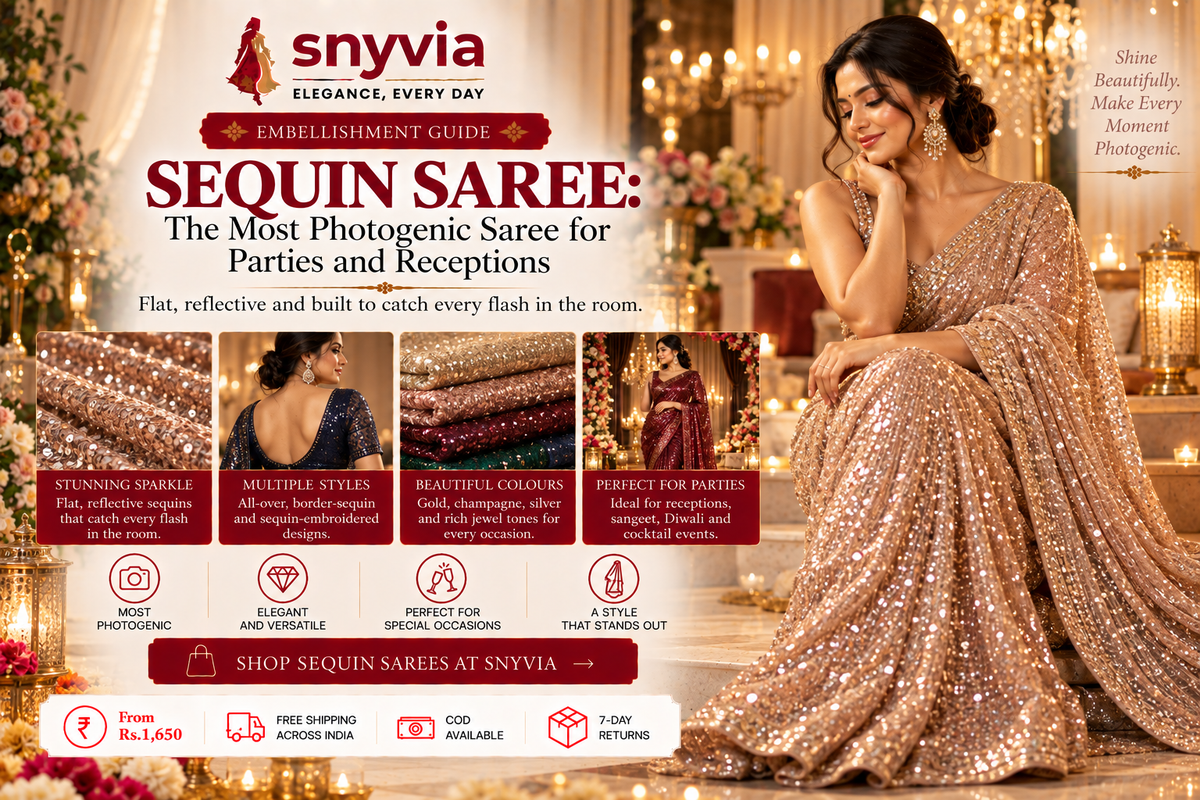 Snyvia sequin saree guide featuring a woman in a shimmering sequin saree, highlighting sequin styles, photogenic sparkle, party occasions, and popular saree colours.
