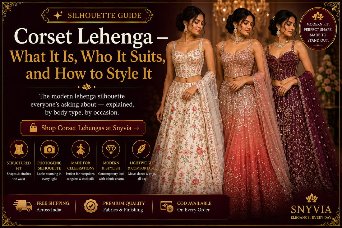 Three women wearing embroidered corset lehengas in ivory, blush and maroon, showcasing modern Indian wedding and reception styling with structured corset blouse silhouettes.