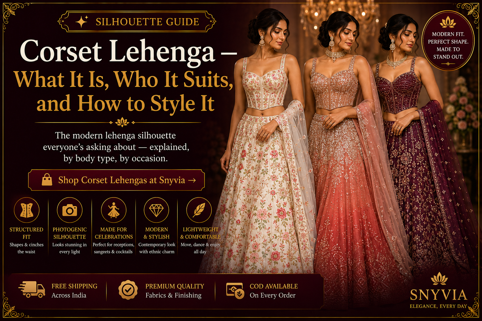 Three women wearing embroidered corset lehengas in ivory, blush and maroon, showcasing modern Indian wedding and reception styling with structured corset blouse silhouettes.