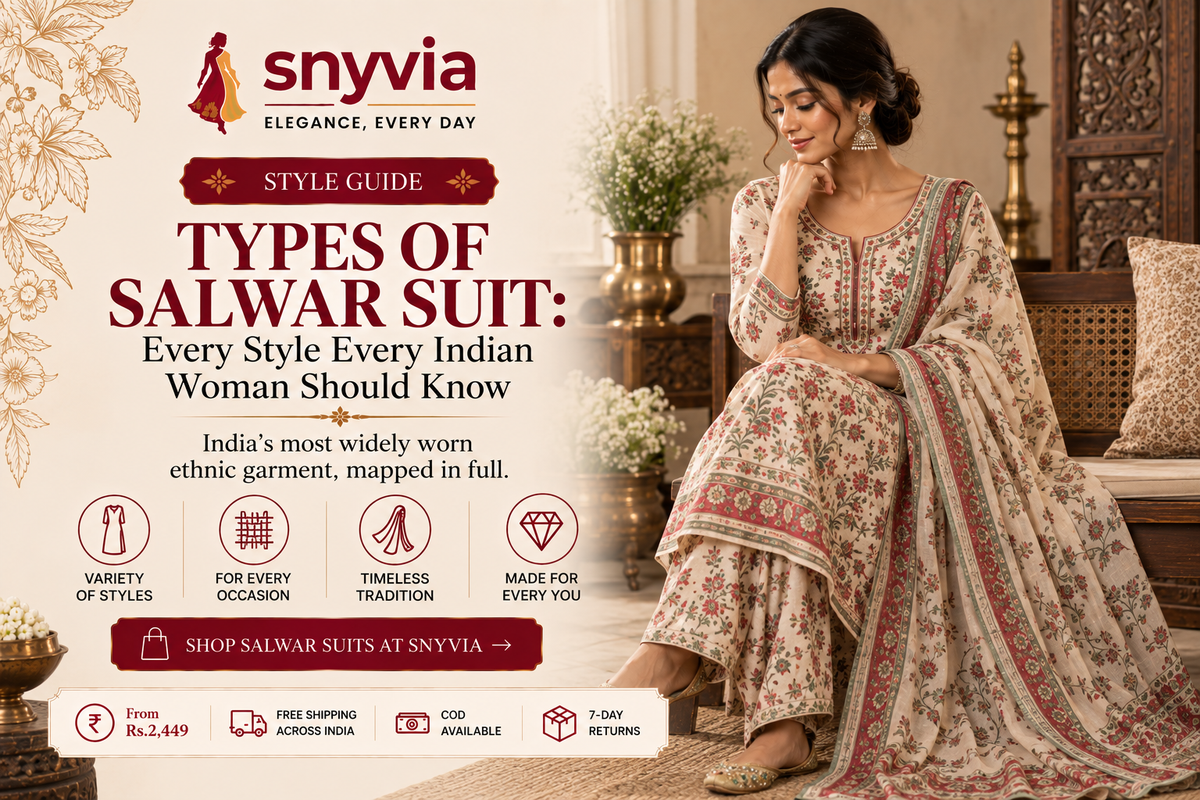 Types of Anarkali suits guide featuring a woman in an elegant traditional Anarkali outfit, highlighting Indian ethnic fashion and styling.