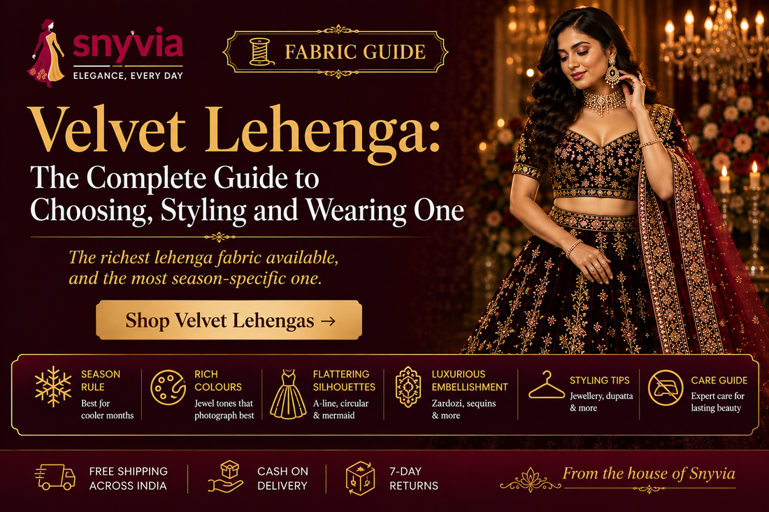 Velvet lehenga in rich maroon with gold embroidery, Snyvia fabric guide