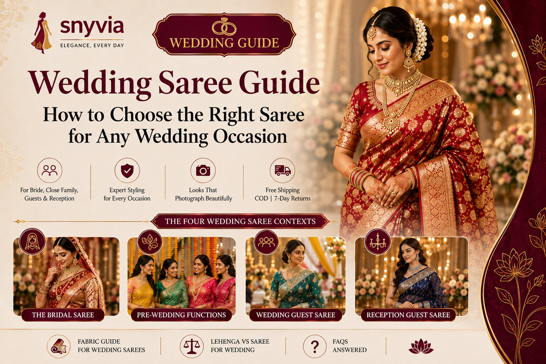 Wedding saree guide featuring a bride in a traditional red saree and looks for bridal, pre-wedding, guest and reception occasions