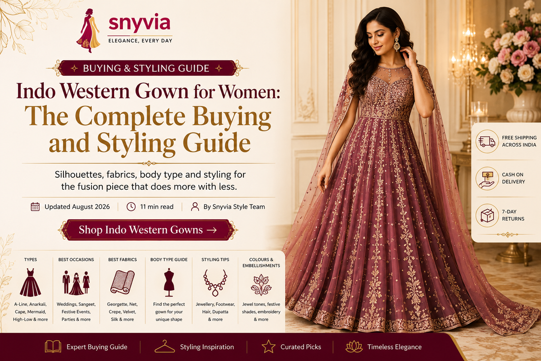 Woman wearing an elegant embroidered Indo Western gown in a luxury setting