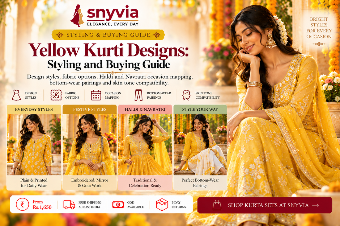 Snyvia yellow kurti styling and buying guide featuring an embroidered yellow kurti with ideas for everyday wear, festive occasions, Haldi ceremonies, Navratri, fabric selection and bottom-wear pairings