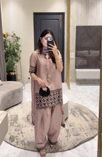 Dusty Pink Embroidered Crep Silk Kurta with Farshi Salwar & Dupatta Set