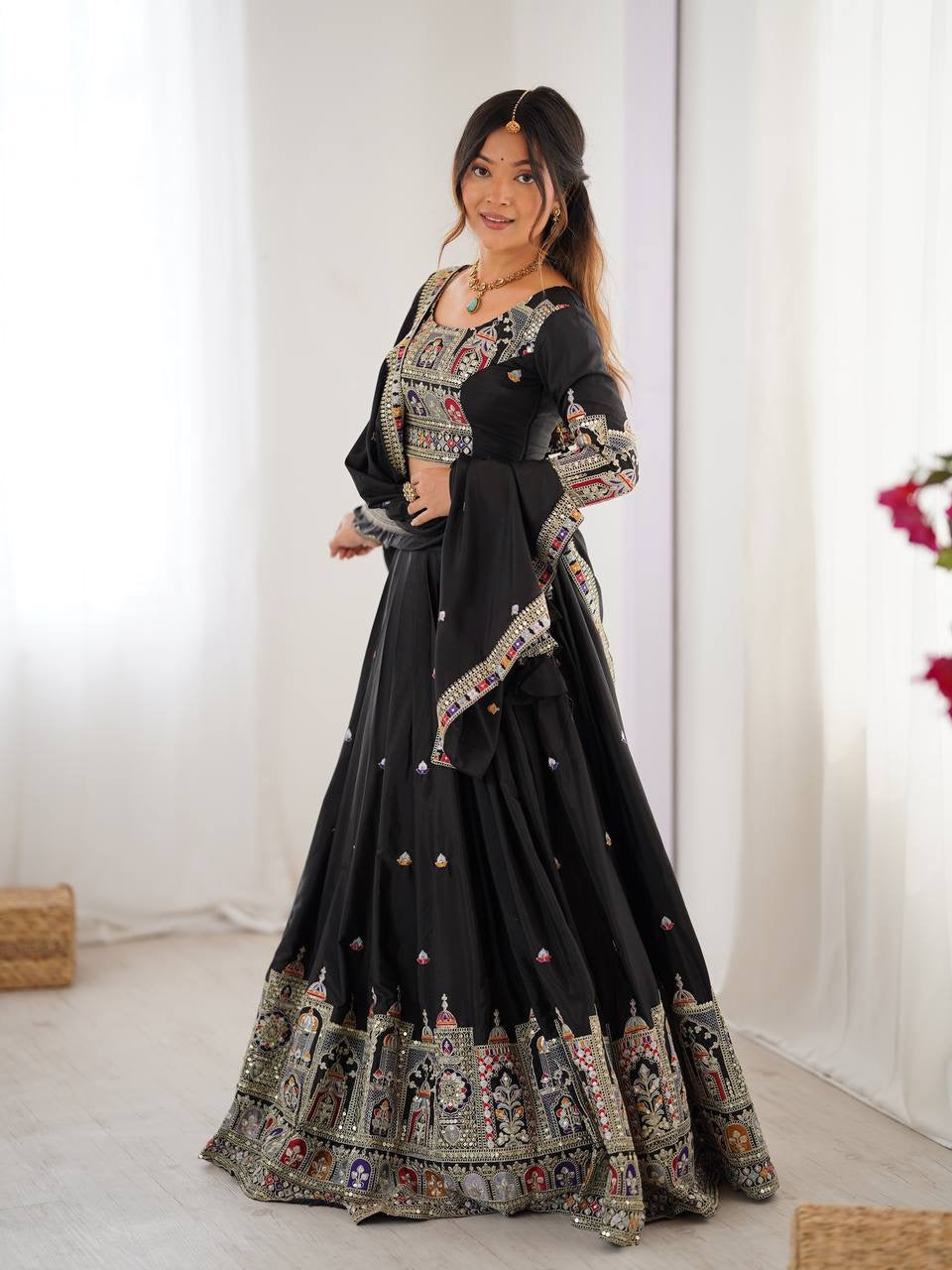 Black Mughal Arch Embroidered Lehenga Choli Set | Coding Dori Thread & Sequence Work | Semi-Stitched
