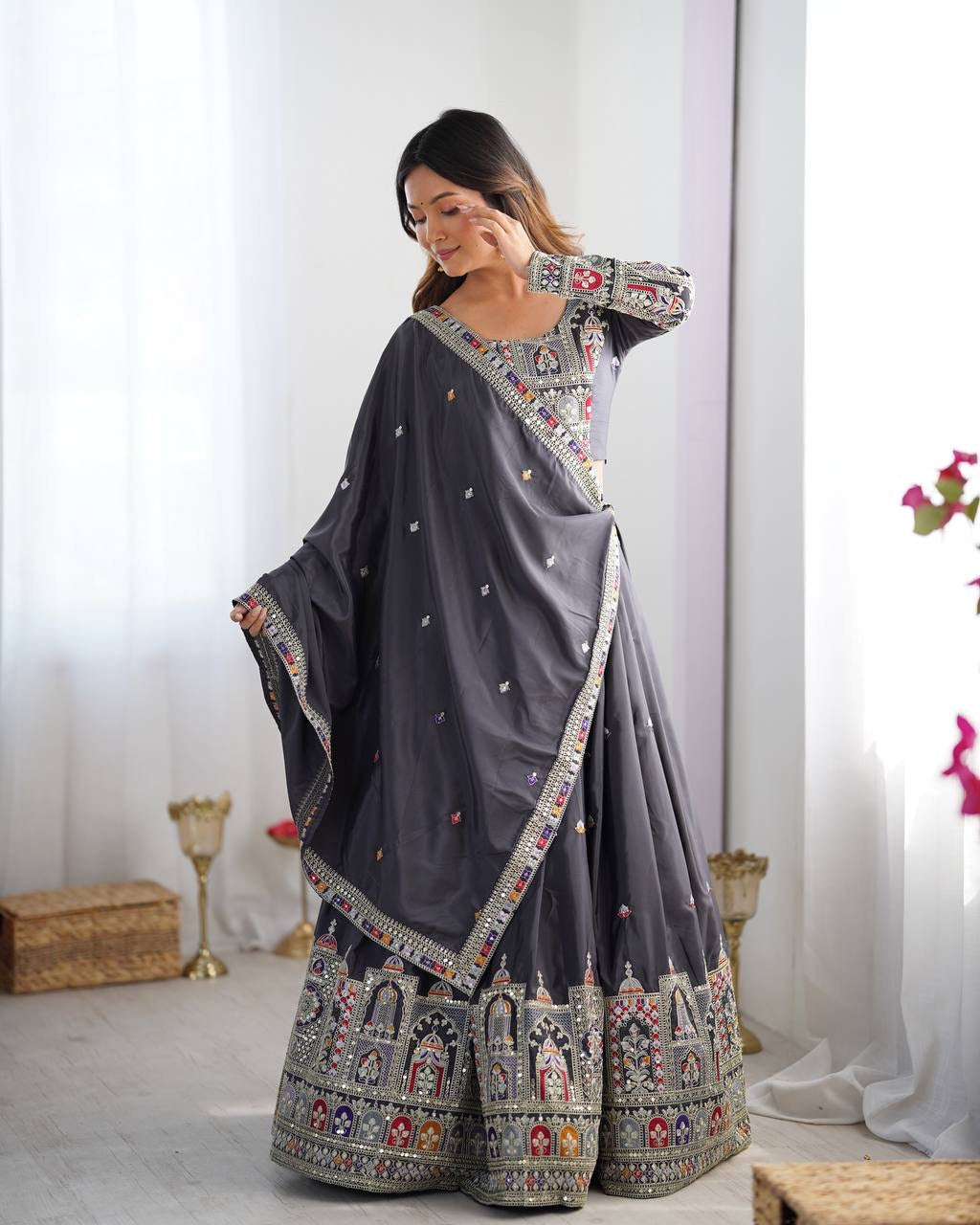 Black Mughal Arch Embroidered Lehenga Choli Set | Coding Dori Thread & Sequence Work | Semi-Stitched