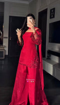 Red Heavy Crep Silk Embroidery Sharara Set with Organza Dupatta