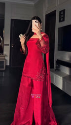 Red Heavy Crep Silk Embroidery Sharara Set with Organza Dupatta