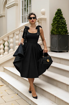 Bow Strap Without Cane Black Midi Dress