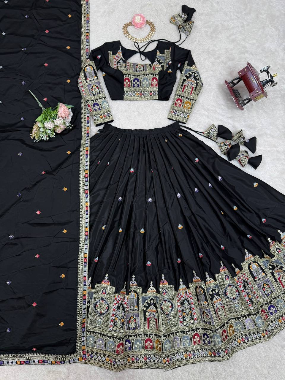 Black Mughal Arch Embroidered Lehenga Choli Set | Coding Dori Thread & Sequence Work | Semi-Stitched