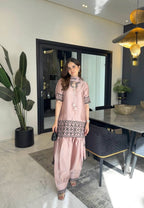 Dusty Pink Embroidered Crep Silk Kurta with Farshi Salwar & Dupatta Set