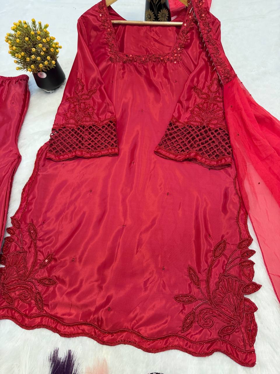 Red Heavy Crep Silk Embroidery Sharara Set with Organza Dupatta