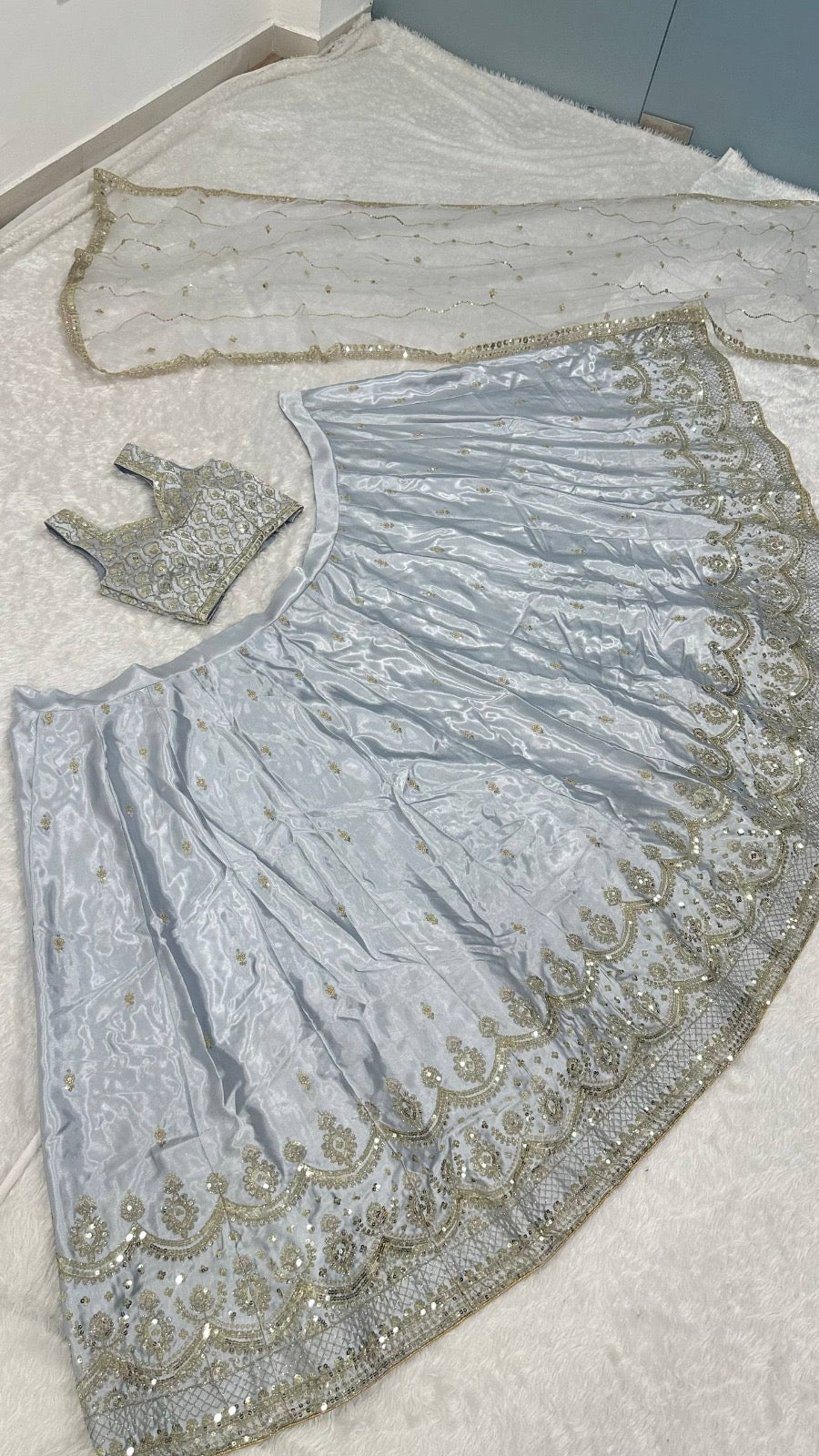 Ice Blue Embroidered Lehenga Choli Set with Net Dupatta