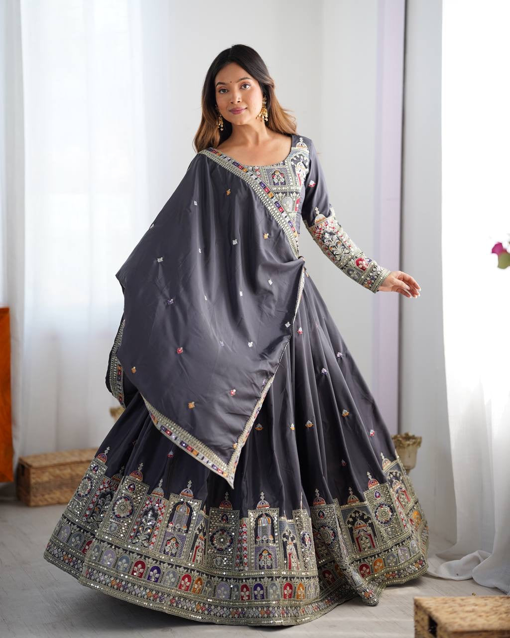 Black Mughal Arch Embroidered Lehenga Choli Set | Coding Dori Thread & Sequence Work | Semi-Stitched