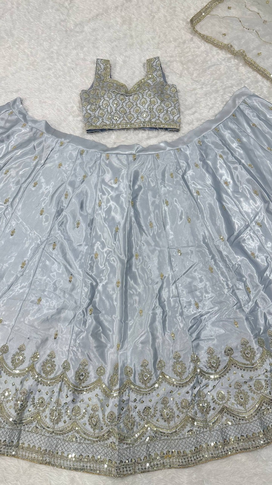 Ice Blue Embroidered Lehenga Choli Set with Net Dupatta