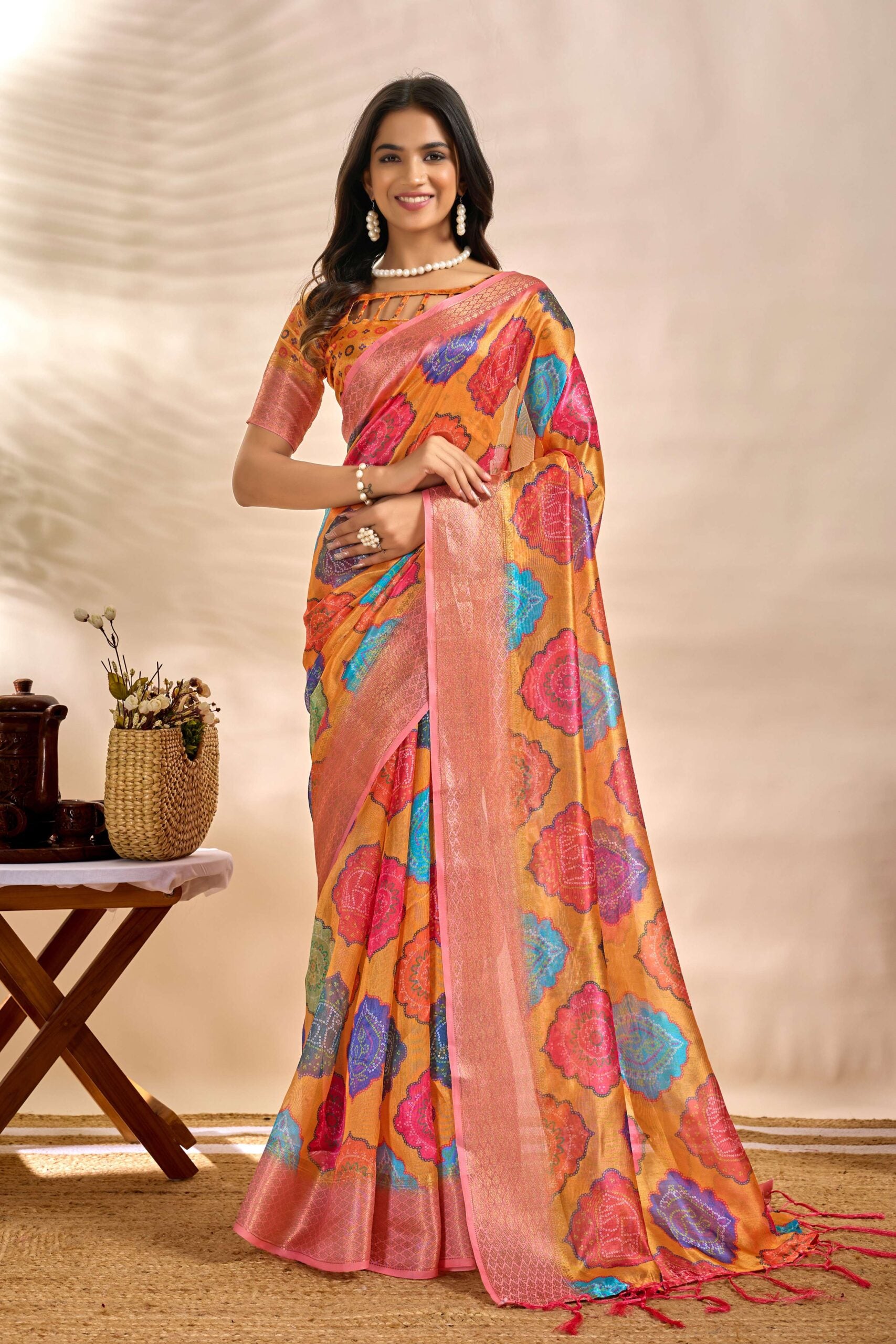 The pink zari border and Saree