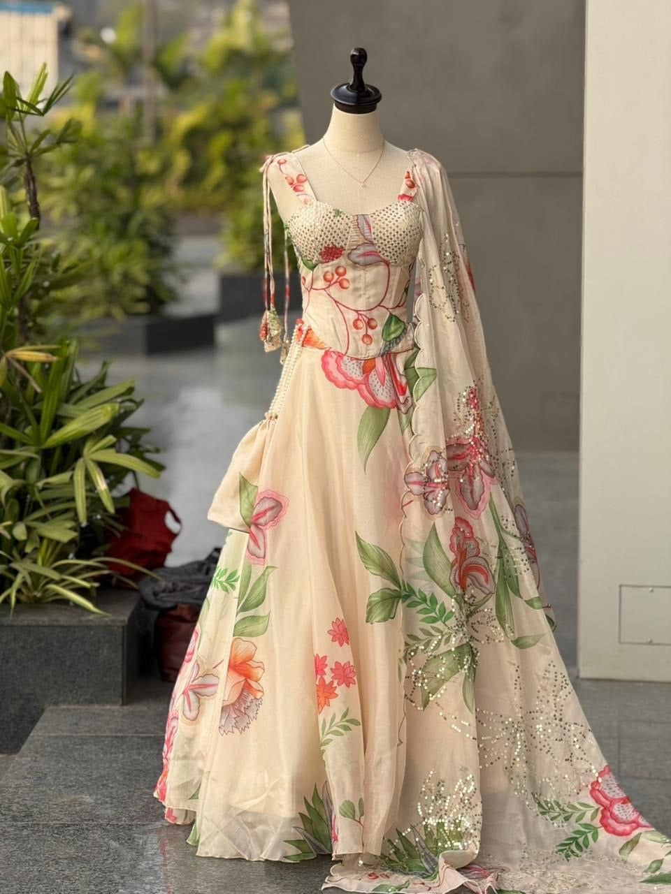 Exclusive Corset Lehenga - Ivory Floral Garden