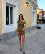 Asymetric Gathered Bodycon Mini Dress