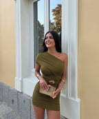 Asymetric Gathered Bodycon Mini Dress
