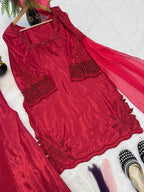 Red Heavy Crep Silk Embroidery Sharara Set with Organza Dupatta