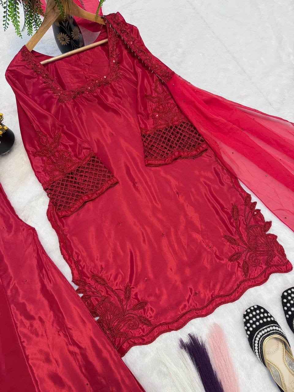 Red Heavy Crep Silk Embroidery Sharara Set with Organza Dupatta