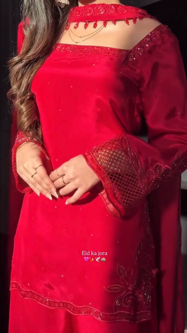 Red Heavy Crep Silk Embroidery Sharara Set with Organza Dupatta