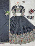 Black Mughal Arch Embroidered Lehenga Choli Set | Coding Dori Thread & Sequence Work | Semi-Stitched