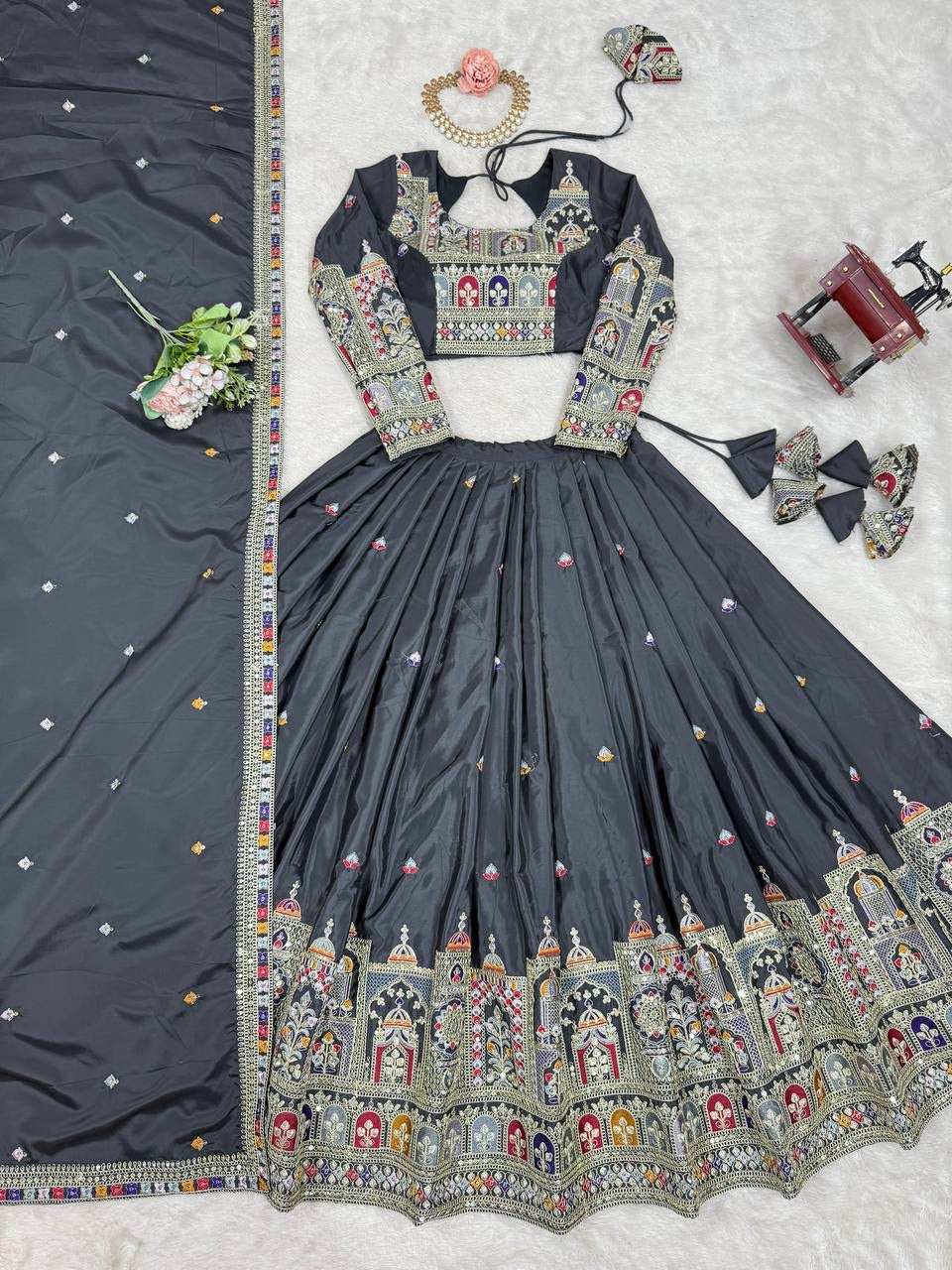 Black Mughal Arch Embroidered Lehenga Choli Set | Coding Dori Thread & Sequence Work | Semi-Stitched