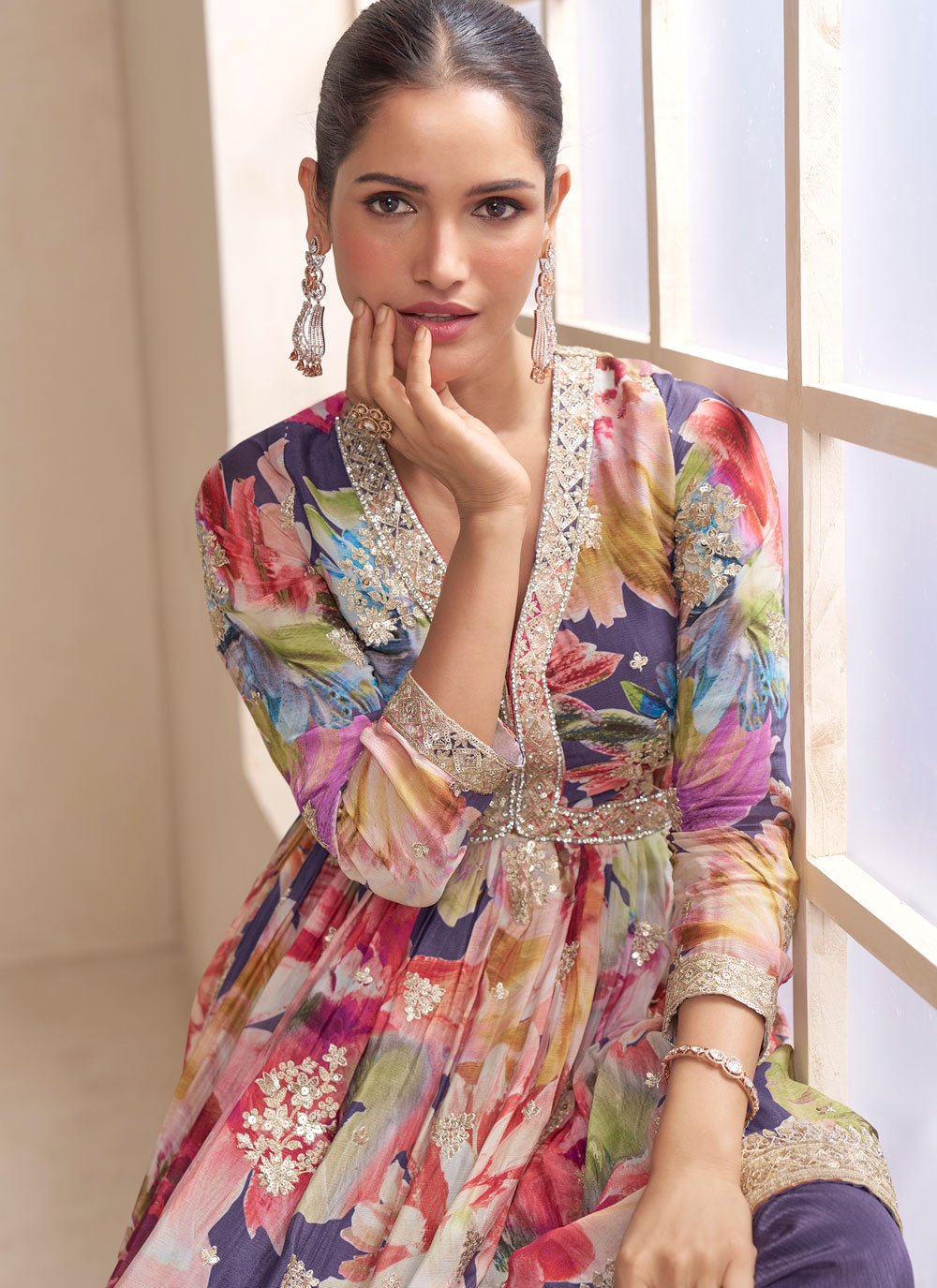 Noor Mahal Suit Set Digital Print With Embroidered Work