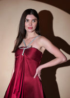 Maroon Satin Butterfly Drift Mini Dress - Snyvia
