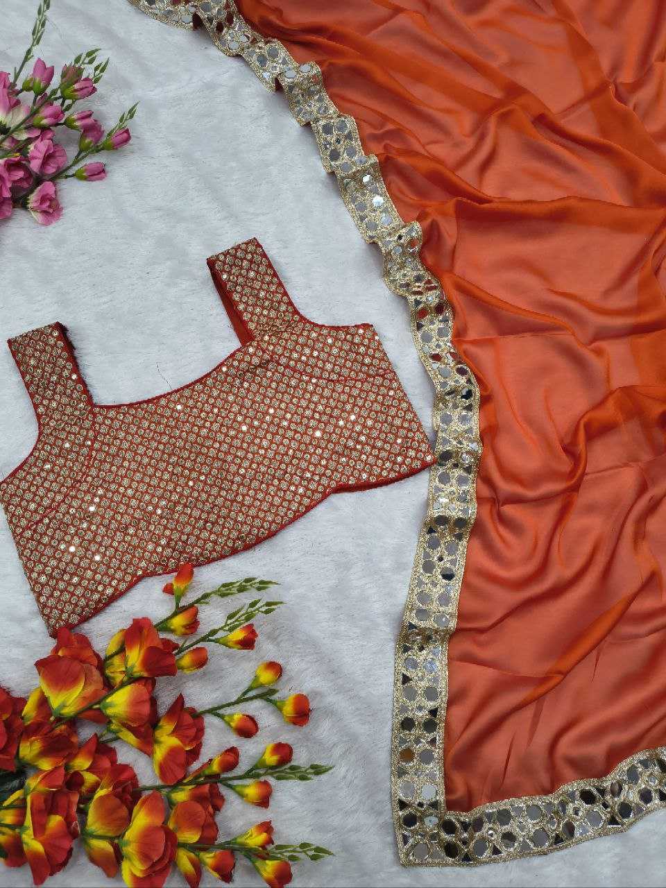 Orange Rangoli Silk Mirror Work Saree with Embroidered Sequin Blouse