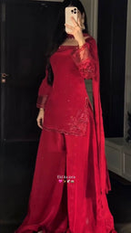 Red Heavy Crep Silk Embroidery Sharara Set with Organza Dupatta