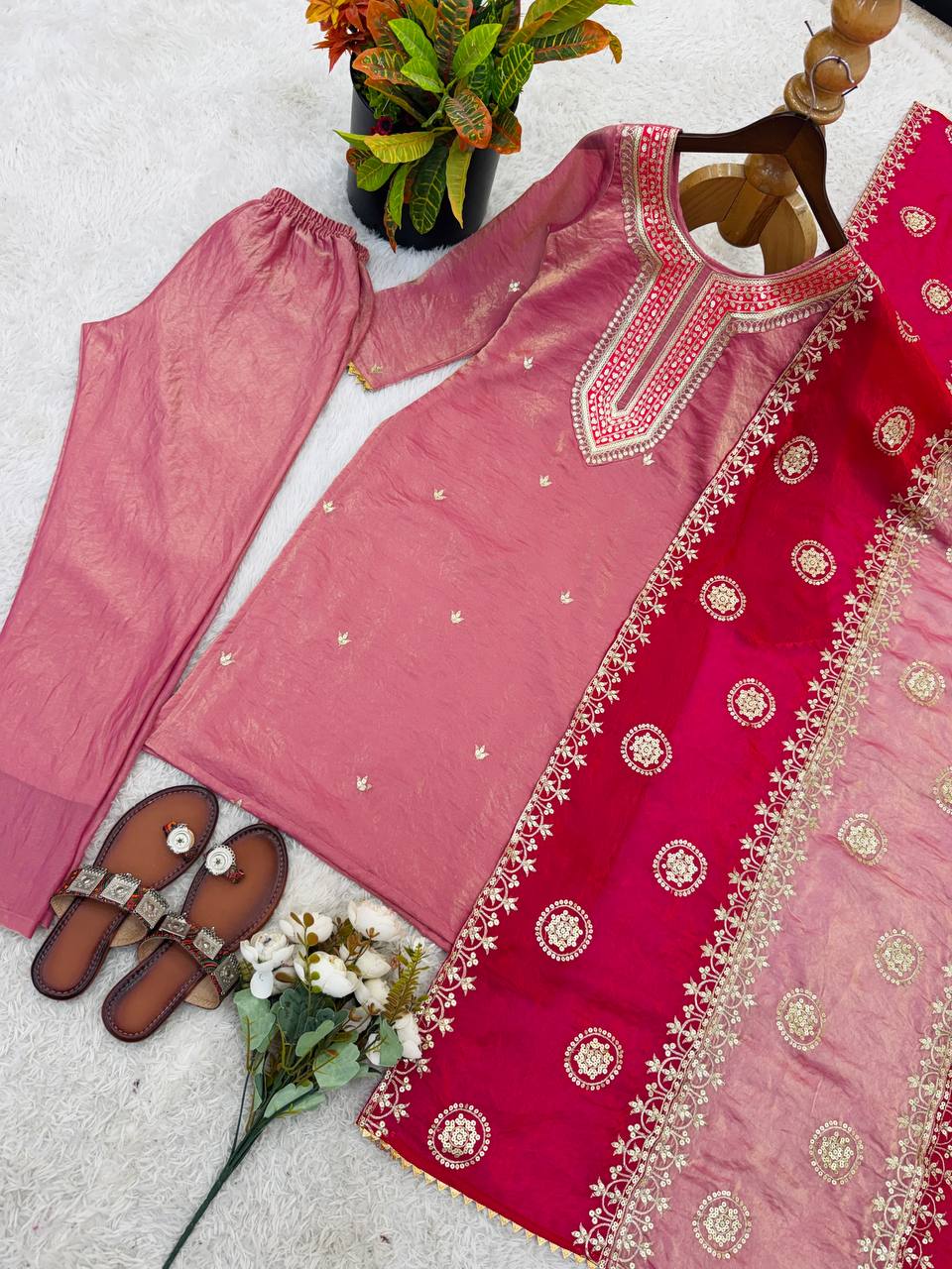 Fendi Silk Embroidered Kurti Set with Pant and Dupatta