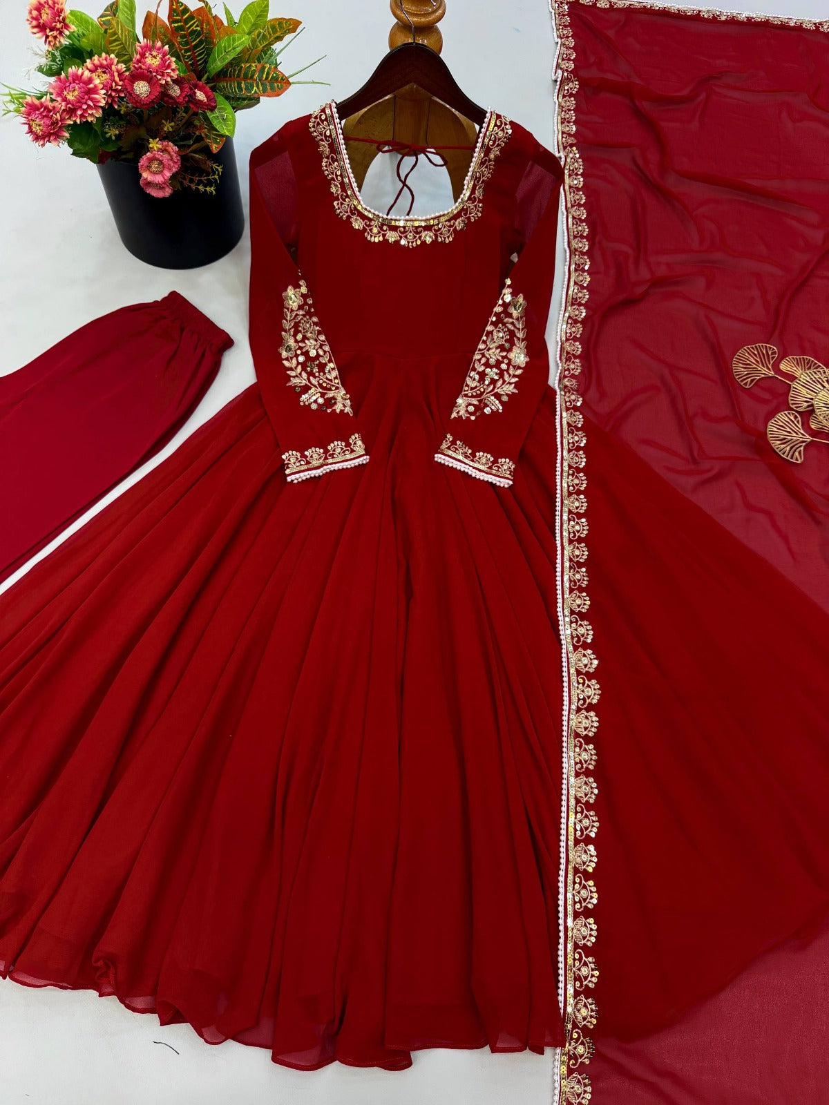 Fox Georgette Embroidered Gown with Palazzo and Dupatta