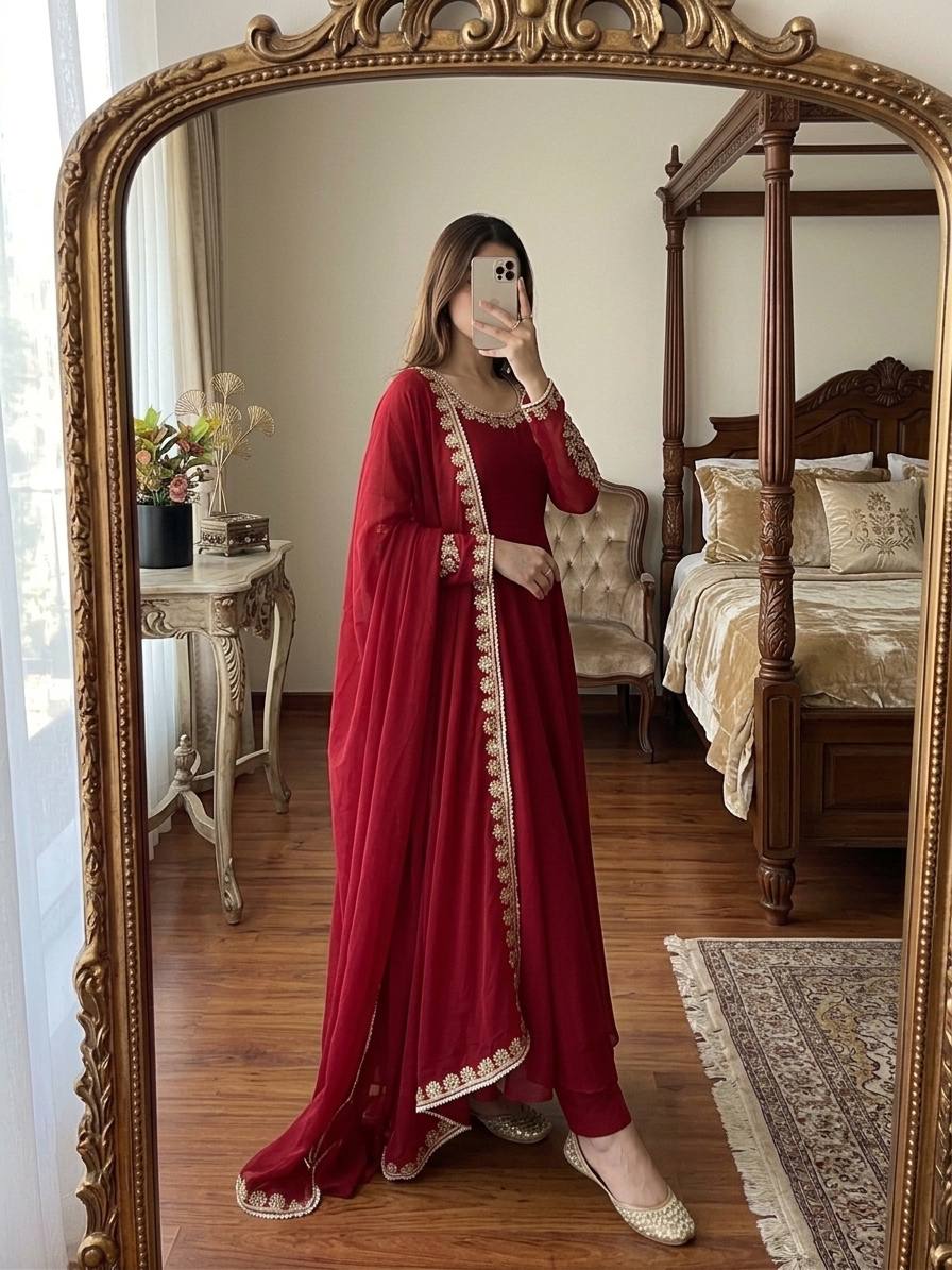 Fox Georgette Embroidered Gown with Palazzo and Dupatta