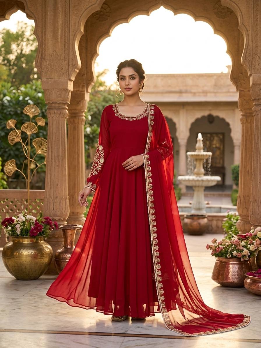 Fox Georgette Embroidered Gown with Palazzo and Dupatta