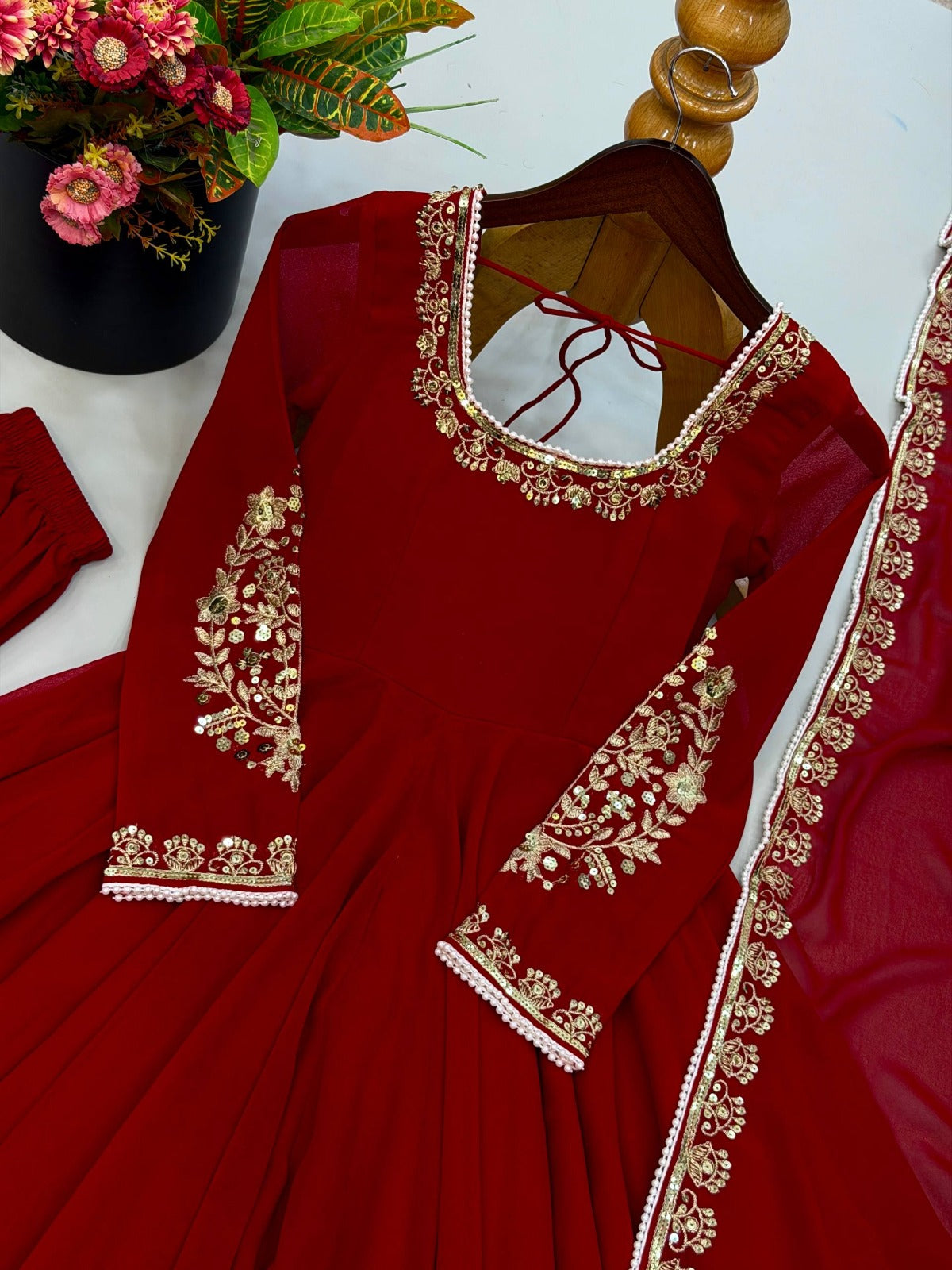 Fox Georgette Embroidered Gown with Palazzo and Dupatta