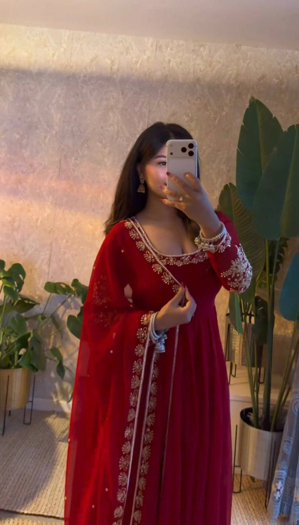 Fox Georgette Embroidered Gown with Palazzo and Dupatta