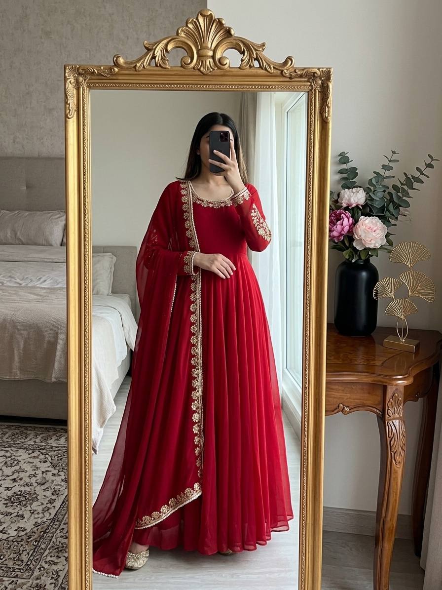 Fox Georgette Embroidered Gown with Palazzo and Dupatta