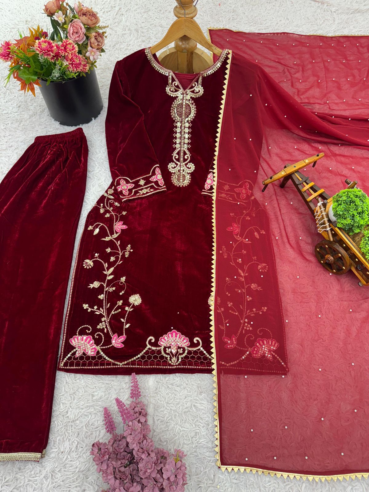 Trending Velvet Kurta Plazzo Set with Dupatta