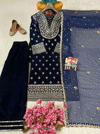 Velvet Plazzo Kurta Set with Zari Embroidery