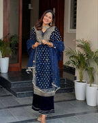 Velvet Plazzo Kurta Set with Zari Embroidery