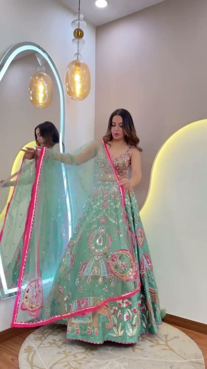 Mint Green Elephant Motif Designer Lehenga Choli